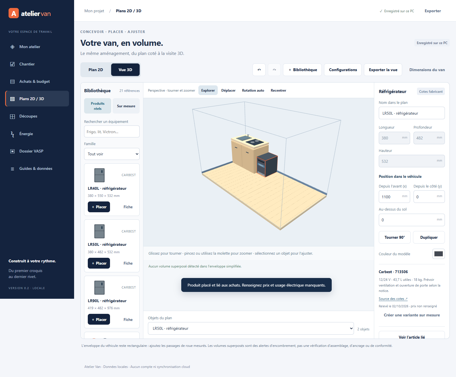 Capture du configurateur Atelier Van avec une implantation et sa vue 3D